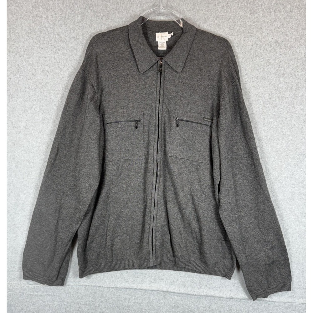 Calvin Klein Jeans Sweater Mens XL Gray Full Zip Knit Collared CK Logo Pockets